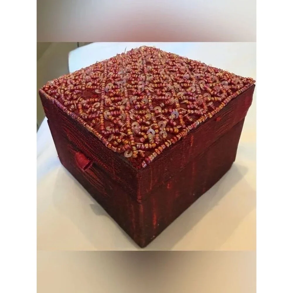 Vintage Red Beaded Wooden Jewelry Box Trinket Keepsake Box Mirror Boho Decor